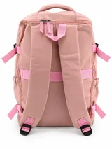 Mochila de viaje color rosado, con compartimentos con cierre y correas de ajuste laterales en color rosado más claro.