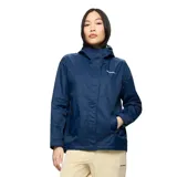 Campera impermeable Merrell modelo Fallon, color azul marino, con capucha ajustable, cierre frontal con solapa de botones a presión y bolsillos laterales con cierre.