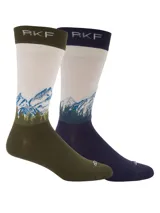 Medias de largo medio confeccionadas en fibra de bambú, con diseño estampado de montañas y bosque en la caña. Presentan el logo de la marca en el puño superior y en la puntera.