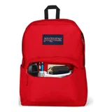 Mochila JanSport Superbreak roja con logo de la marca en el frente, bolsillo frontal con cierre y bolsillo lateral para botella.