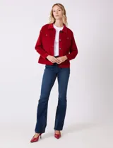 Campera de pana color rojo, marca Dash, con cuello solapa, abertura central con botones metálicos y bolsillos delanteros.