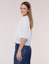 Cardigan corto de broderie blanco con escote en V y cierre frontal de lazos para anudar. Presenta mangas tres cuartos abullonadas con puño elástico y diseño perforado con motivos florales.