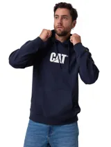 Buzo con capucha y bolsillo canguro de la marca Caterpillar, color azul marino, con el logotipo CAT bordado en blanco en el pecho, mangas largas y puños de punto acanalado.