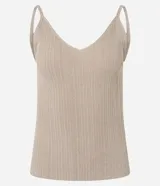 Blusa musculosa de punto canelado con hilo metalizado, escote en V y tirantes finos. Presenta un acabado brillante y un ajuste al cuerpo.