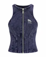 Top estilo nadador de denim con efecto de lavado violeta artesanal. Presenta cierre frontal completo y bordado de la marca en el pecho.