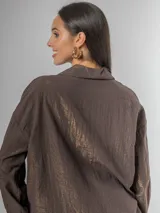 Camisa de manga larga con cuello clásico, confeccionada en tela nacarada con brillo sutil. Presenta apliques de flores tridimensionales fruncidas en el frente, una en color beige claro y dos en color marrón oscuro.