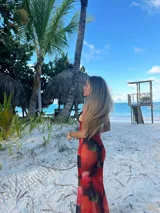 Vestido midi de microtul rojo con estampado de rosas y hojas verdes, escote en V con encaje negro y breteles finos regulables en la espalda.