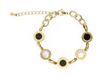 Pulsera dorada de acero con eslabones y cinco dijes circulares: tres con ónix negro y dos con nácar blanco. Los bordes de los dijes tienen números romanos.
