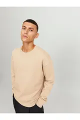 Buzo color beige de manga larga y cuello redondo, con calce relajado y hombros caídos.