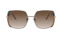 Lentes de sol cuadrados con marco metálico plateado, detalles en color arena y azul en la parte superior del marco, y lentes degradadas en tono marrón.