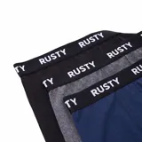Pack de tres boxers Rusty modelo Tory en colores negro, gris melange y azul marino, con cintura elástica con el logo de la marca en blanco.