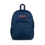 Mochila Jansport azul marino con un compartimento principal grande, bolsillo lateral para botella de agua, bolsillo frontal con cremallera, tirantes acolchados y panel trasero acolchado.