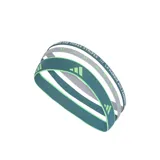 Pack de tres vinchas elásticas para el cabello, diseñadas para entrenamiento. Incluye una vincha gris con el logo adidas y texto en inglés/francés, y dos vinchas en tonos de verde azulado/turquesa con el logo adidas en color verde claro.