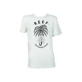Remera blanca de manga corta con estampa de palmera con ojos y texto "Reef. Just Passing Through".