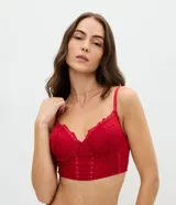Soutien alargado Lov de tul rojo con bordado floral integral, aro estructurado, sin copa y breteles finos regulables. Presenta detalles de pedrería aplicada en los bordes y cierre posterior con broches.