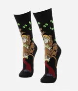 Par de medias negras de caña alta con estampado de Scooby Doo y Shaggy disfrazado de Scooby Doo.