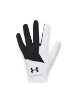 Guante de golf Under Armour modelo UA Medal, confeccionado en materiales sintéticos ligeros y duraderos en color blanco y negro. Cuenta con palma texturizada para un mejor agarre, perforaciones de ventilación en los dedos y lengüeta de cierre ajustable con el logo de la marca.