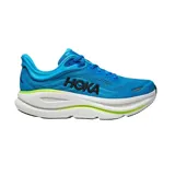 Championes de running Hoka Bondi 9, color azul vibrante con detalles en verde lima y suela blanca. Diseño técnico con malla transpirable y amortiguación de alto rendimiento.