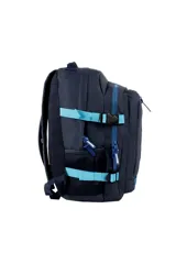 Mochila de color azul marino con detalles en azul claro vibrante, incluyendo cierres, correas ajustables y base. Presenta un compartimento principal y un bolsillo frontal con cierre vertical. Incluye el logo de Discovery en el frente.