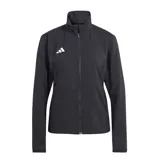 Campera deportiva Adidas de running, color negro, con cierre frontal completo, cuello alto y logo de la marca estampado en el pecho.