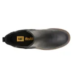 Bota tipo Chelsea de cuero negro con paneles elásticos laterales, taco cuadrado y suela de goma dentada. Presenta el logo de la marca grabado en el elástico lateral.