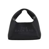 Cartera de mano tipo hobo Marc Jacobs modelo The Mini Sack, color blanco, con diseño minimalista y logo grabado en el frente.