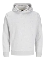 Buzo canguro gris con capucha, de manga larga y corte regular. Tiene el logo de la marca bordado en el pecho.