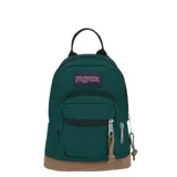 Mochila Jansport modelo Right Pack Mini, color verde oscuro con base de cuero color camel. Presenta un compartimento principal y un bolsillo frontal con cierre, ambos con tiradores de cordón de cuero. Incluye asa superior para colgar.