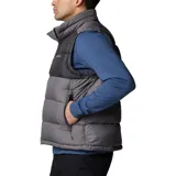 Chaleco acolchado Columbia modelo Pike Lake II, con diseño bicolor en tonos gris oscuro y gris claro. Cuenta con cierre frontal completo, cuello alto, bolsillos laterales con cremallera y tecnología termorreflectante Omni-Heat en el interior.