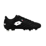 Championes de fútbol Lotto de cuero color negro con detalles en blanco y pequeña bandera italiana en el lateral. Diseño clásico con suela de tapones.