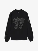 Remera de manga larga Carhartt en color negro, con cuello redondo y diseño gráfico bordado en hilo blanco en el frente que incluye el logo de la marca y una figura de león. Presenta detalles gráficos adicionales en las mangas.