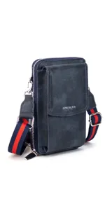 Bandolera porta celular color suela, con bolsillo frontal con tapa y cierre perimetral. Incluye correa de galón regulable y desmontable, bolsillos interiores para documentos, reparticiones para tarjetas y billetes.