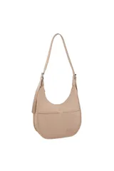 Cartera Las Oreiro tipo hobo bag, color marrón claro, con correa ajustable y dos bolsillos frontales.