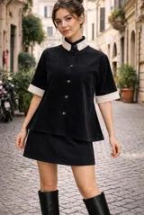 Capa de terciopelo negro con corte de chaqueta, cuello alto y mangas cortas. Presenta detalles de puntilla de algodón en el cuello y en los bordes de las mangas, con cierre frontal de botones.