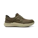 Zapatos casuales Skechers modelo Slip-ins Relaxed Fit Toliver - Vito, color verde militar con suela y entresuela en tono beige claro. Confeccionados con tejido de punto técnico y material sintético, cuentan con cordones elásticos fijos y detalles acolchados.