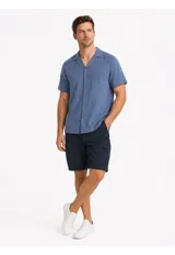 Camisa de manga corta Arrow confeccionada en mezcla de lino y algodón, color azul, con cuello solapa y cierre frontal de botones.