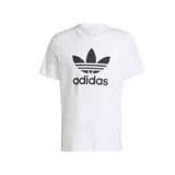 Remera blanca de algodón con logo Adidas Trefoil estampado en negro en el frente.