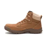 Bota de seguridad Caterpillar modelo Tess St, color marrón, confeccionada en cuero con puntera de acero. Presenta cordones al tono, cuello acolchado con forro de felpa y suela de goma antideslizante con relieve.