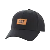Gorra de béisbol negra con visera curva y parche frontal de gamuza sintética color tostado con el logo de Caterpillar grabado.