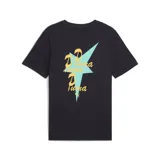 Remera azul de algodón con cuello redondo y estampado en el pecho con un diseño abstracto en tonos celeste y amarillo.