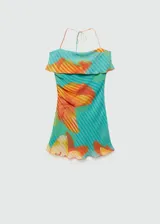 Vestido corto de viscosa con diseño entallado, escote palabra de honor con solapa vuelta y tirantes finos multiposición que se atan al cuello. Presenta un estampado floral sobre fondo turquesa con rayas diagonales y cuenta con forro interior.