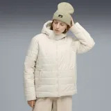 Campera puffer Puma con capucha, cierre frontal completo y bolsillos laterales con cierre. Diseño acolchado en color arena con logo de la marca estampado en el pecho.