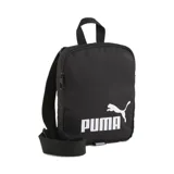 Bandolera negra Puma Phase Portable con logo blanco estampado. Cuenta con correa ajustable, asa de mano y cierre de cremallera.
