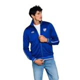 Campera deportiva Umbro de hombre, color azul marino, con cierre frontal y cuello alto. Presenta franjas decorativas en las mangas y puños con ribetes en blanco, rojo y azul. Lleva el escudo del Club Nacional de Football bordado en el pecho izquierdo y el logo de Umbro bordado en el derecho.