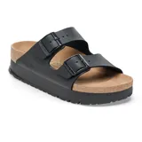 Sandalia tipo Birkenstock con plataforma, color negro, con dos correas ajustables con hebillas metálicas y plantilla anatómica de corcho.