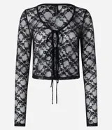 Blusa de manga larga confeccionada en encaje floral transparente, con escote en V y cierre frontal mediante lazos.