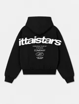 Campera con capucha negra, con cierre frontal y estampado gráfico en la espalda en color blanco con texto y diseño ovalado.
