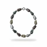 Collar de perlas barrocas de nácar con formas orgánicas e irregulares en tonos multicolor, con cierre de acero plateado.