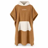 Poncho cambiador de toalla color marrón con capucha y bolsillo frontal canguro en color marfil, y detalle de bordado de la marca en el pecho.