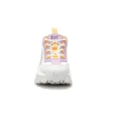 Championes Caterpillar modelo Intruder, de diseño robusto y estilo chunky. Presentan una combinación de colores blanco, lila y detalles en amarillo. Cuentan con suela de goma dentada de gran tracción, entresuela de EVA y logo de la marca en el lateral y la lengüeta.